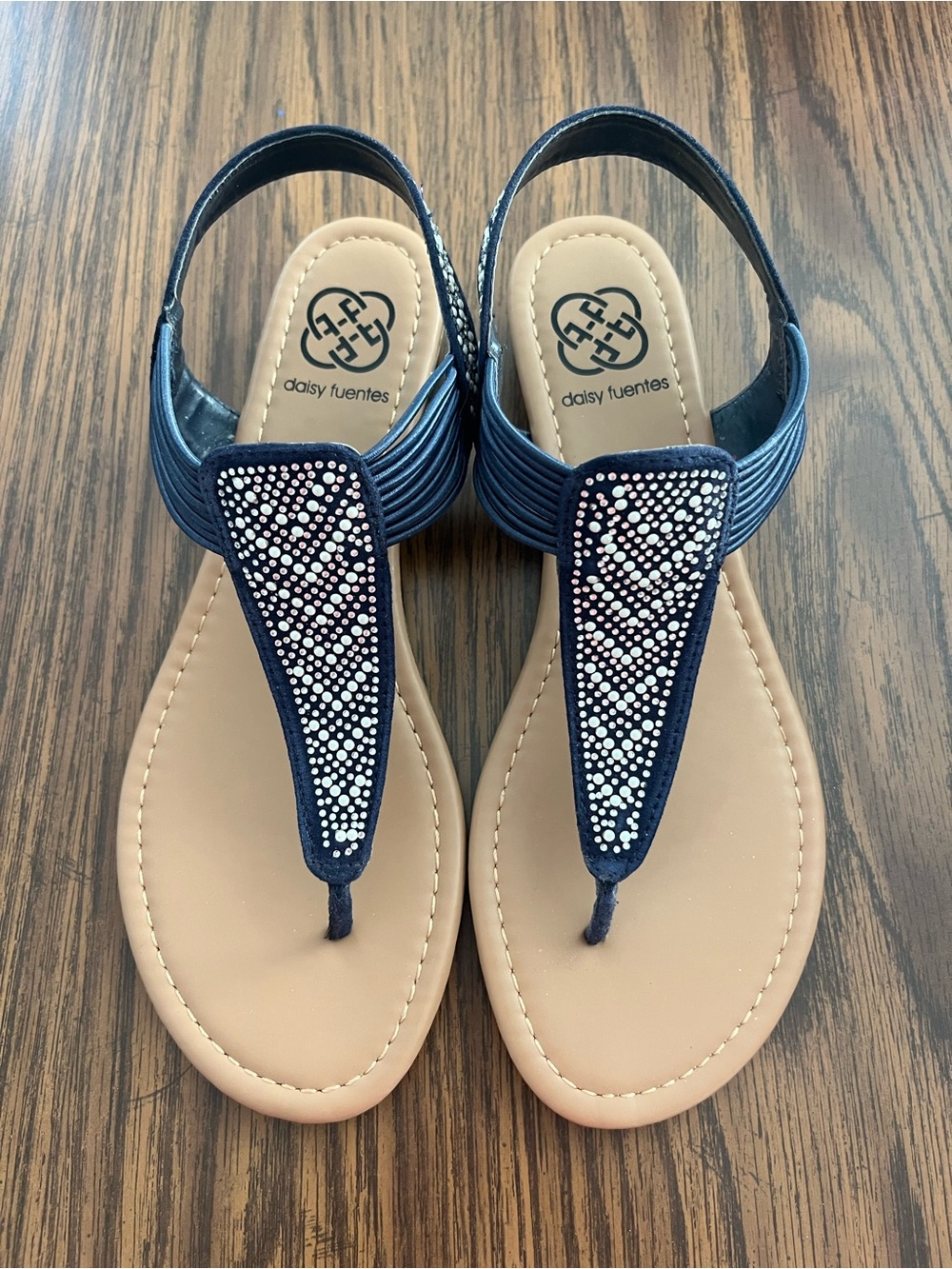 Daisy Fuentes Navy T-strap Sandals with Crystal Accents